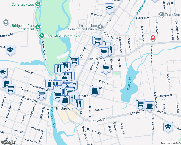 map of restaurants, bars, coffee shops, grocery stores, and more near 121 Bank Street in Bridgeton