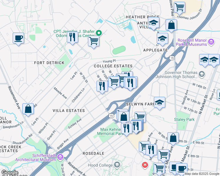 map of restaurants, bars, coffee shops, grocery stores, and more near 930 Taney Avenue in Frederick