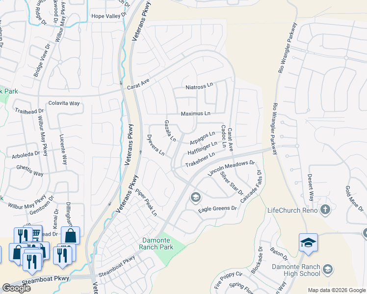 map of restaurants, bars, coffee shops, grocery stores, and more near 2170 Arpagos Lane in Reno