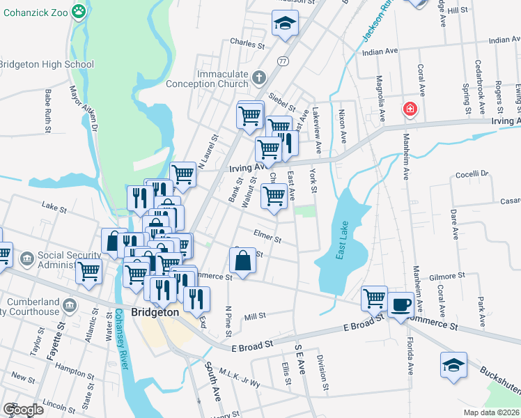 map of restaurants, bars, coffee shops, grocery stores, and more near 101 Marion Street in Bridgeton