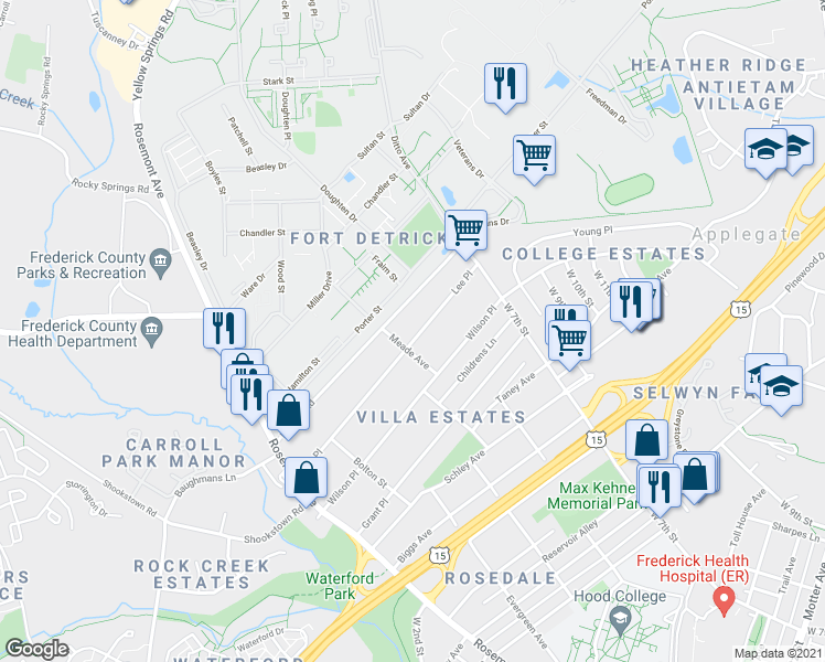 map of restaurants, bars, coffee shops, grocery stores, and more near 607 Lee Place in Frederick