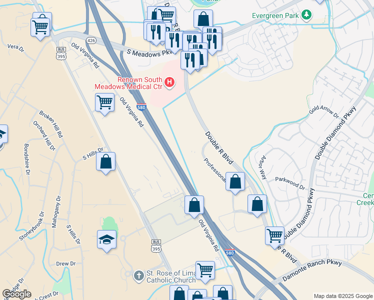 map of restaurants, bars, coffee shops, grocery stores, and more near 10345 Double R Boulevard in Reno