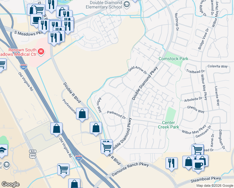 map of restaurants, bars, coffee shops, grocery stores, and more near 1333 Dalwood Court in Reno