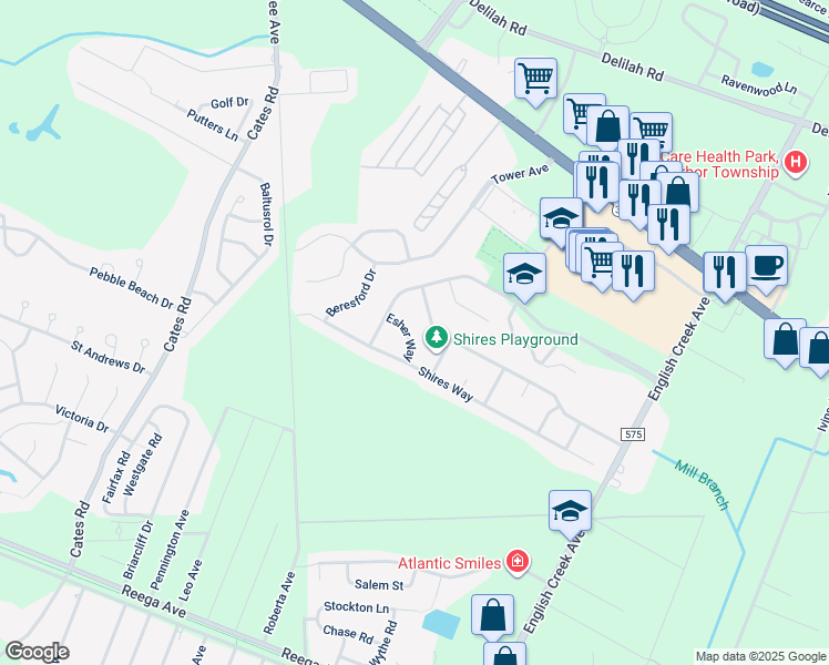 map of restaurants, bars, coffee shops, grocery stores, and more near 6 Esher Way in Egg Harbor Township