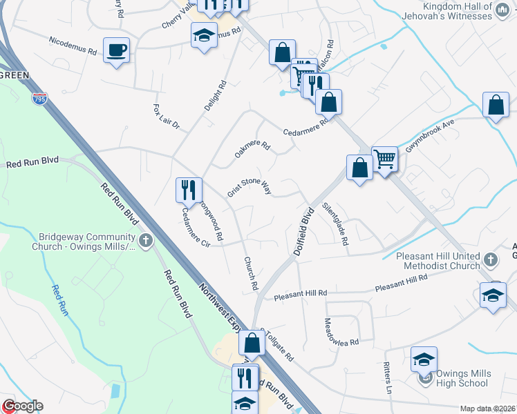 map of restaurants, bars, coffee shops, grocery stores, and more near 13 Whispering Court in Owings Mills
