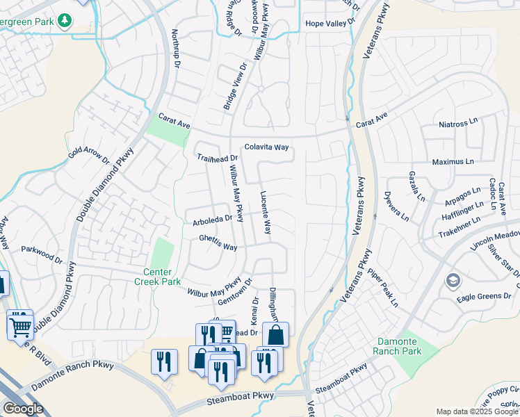 map of restaurants, bars, coffee shops, grocery stores, and more near 10235 Lucente Way in Reno
