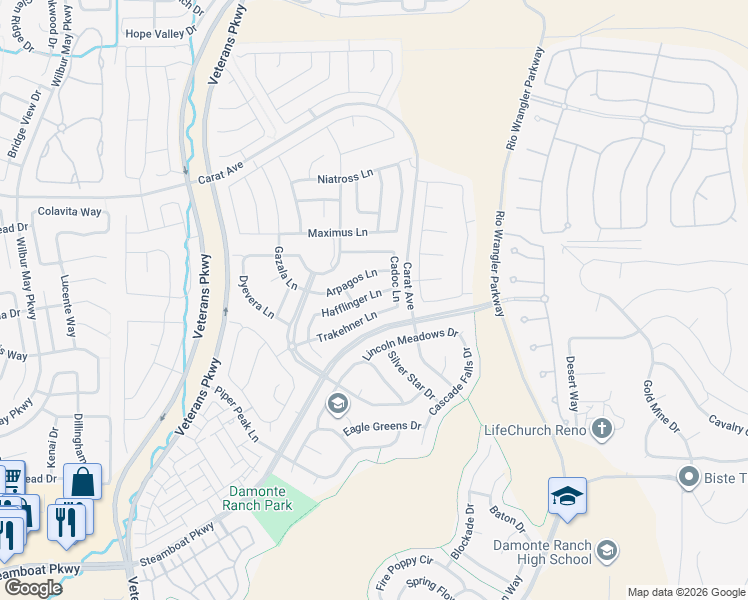 map of restaurants, bars, coffee shops, grocery stores, and more near 9800 Hafflinger Lane in Reno