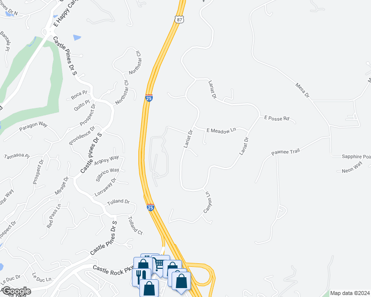 map of restaurants, bars, coffee shops, grocery stores, and more near 4687 Lariat Drive in Castle Rock