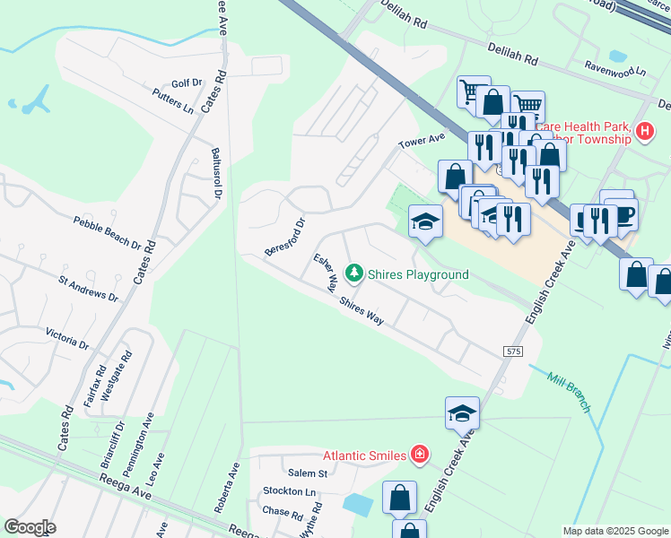 map of restaurants, bars, coffee shops, grocery stores, and more near 6 Esher Way in Egg Harbor Township