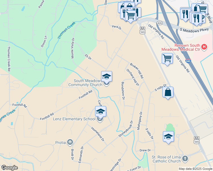map of restaurants, bars, coffee shops, grocery stores, and more near 900 Foothill Road in Reno
