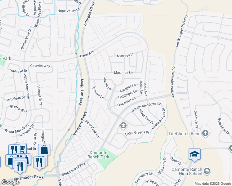 map of restaurants, bars, coffee shops, grocery stores, and more near 2170 Arpagos Lane in Reno