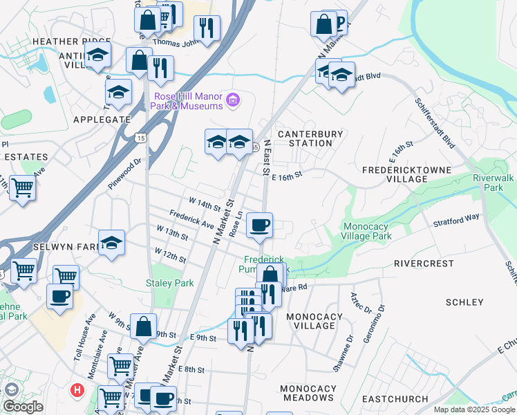 map of restaurants, bars, coffee shops, grocery stores, and more near 1499 North East Street in Frederick