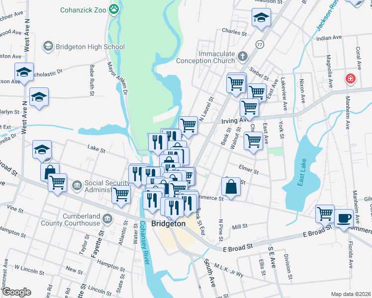 map of restaurants, bars, coffee shops, grocery stores, and more near 104 North Laurel Street in Bridgeton