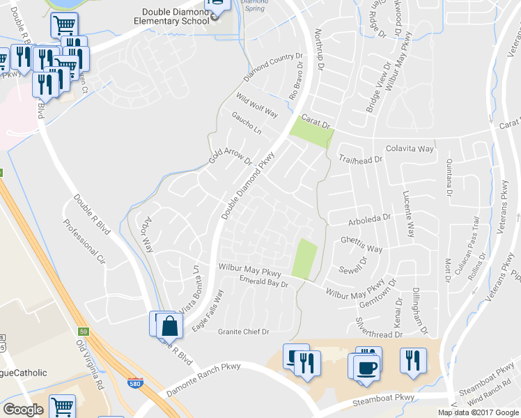 map of restaurants, bars, coffee shops, grocery stores, and more near 10412 Rockport Lane in Reno