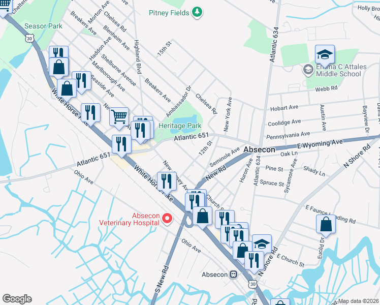 map of restaurants, bars, coffee shops, grocery stores, and more near 508 Delaware Avenue in Absecon