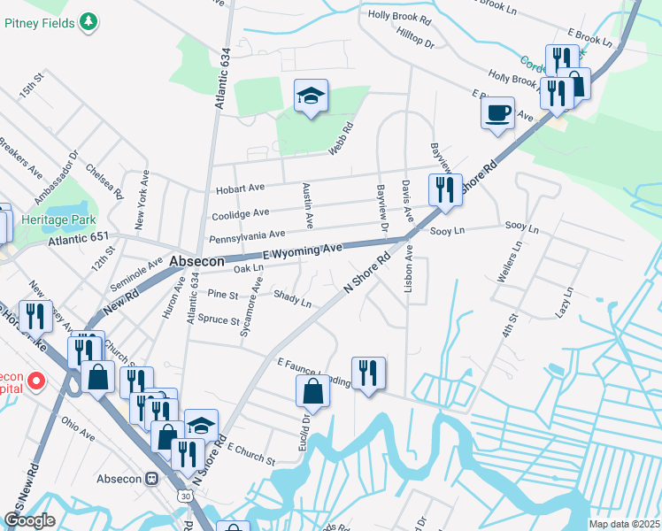 map of restaurants, bars, coffee shops, grocery stores, and more near 161 East Wyoming Avenue in Absecon