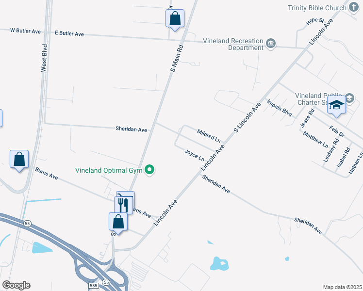 map of restaurants, bars, coffee shops, grocery stores, and more near 656 Joyce Lane in Vineland