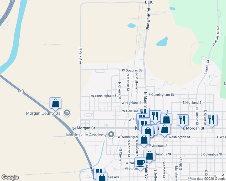 map of restaurants, bars, coffee shops, grocery stores, and more near 569 North Elliott Avenue in Martinsville