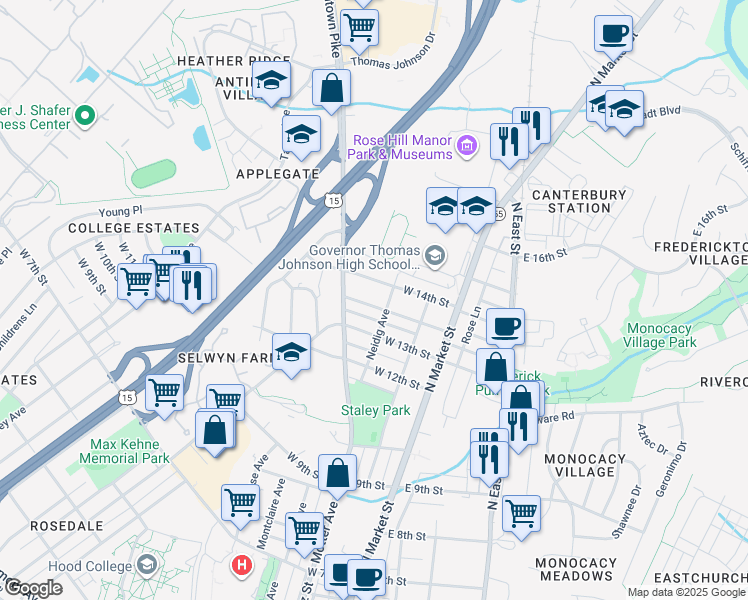 map of restaurants, bars, coffee shops, grocery stores, and more near 105 Frederick Avenue in Frederick
