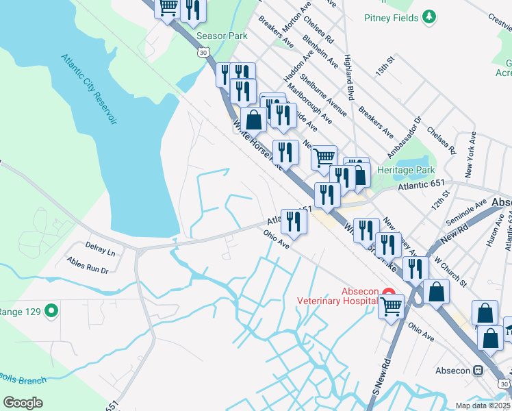 map of restaurants, bars, coffee shops, grocery stores, and more near 105 Minnetonka Avenue in Absecon
