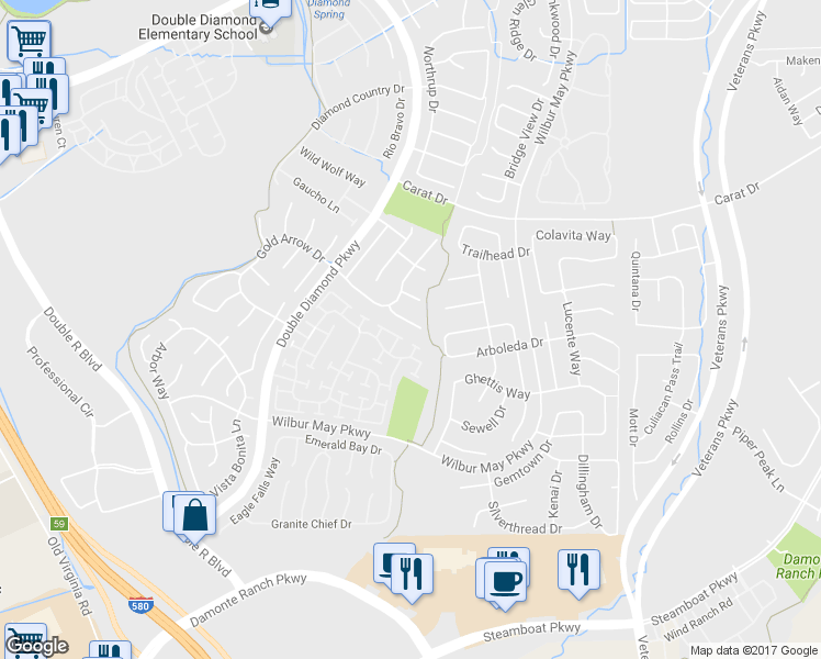 map of restaurants, bars, coffee shops, grocery stores, and more near 1660 Dutch Ravine Court in Reno