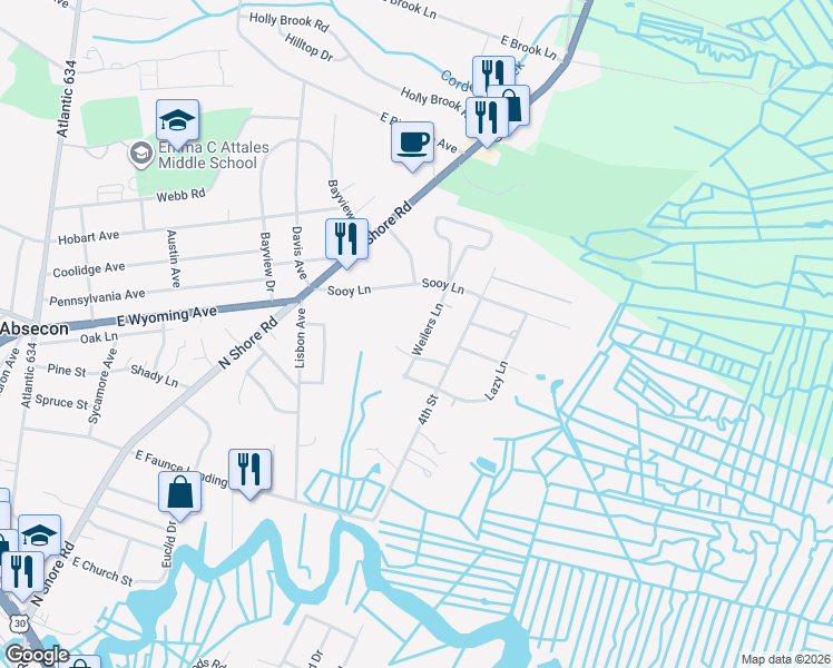 map of restaurants, bars, coffee shops, grocery stores, and more near 648 Weilers Lane in Absecon