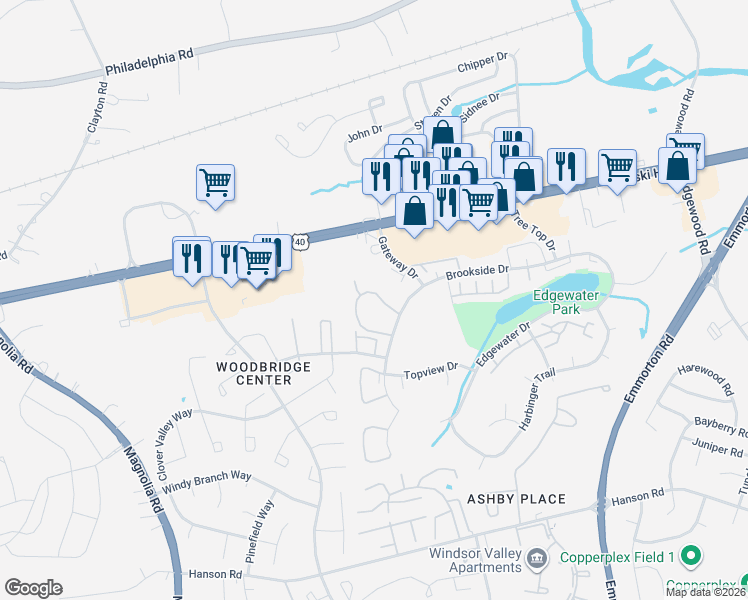 map of restaurants, bars, coffee shops, grocery stores, and more near 905 Woodbridge Court in Edgewood