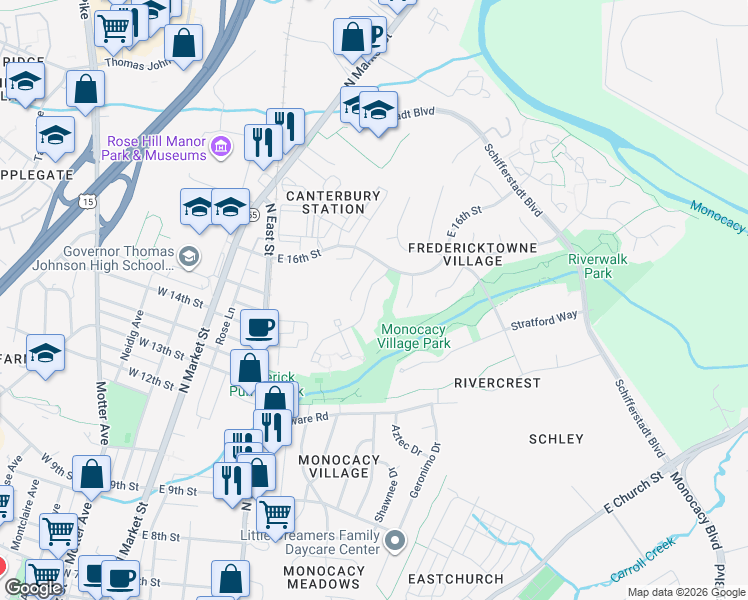map of restaurants, bars, coffee shops, grocery stores, and more near 1576 Dockside Drive in Frederick