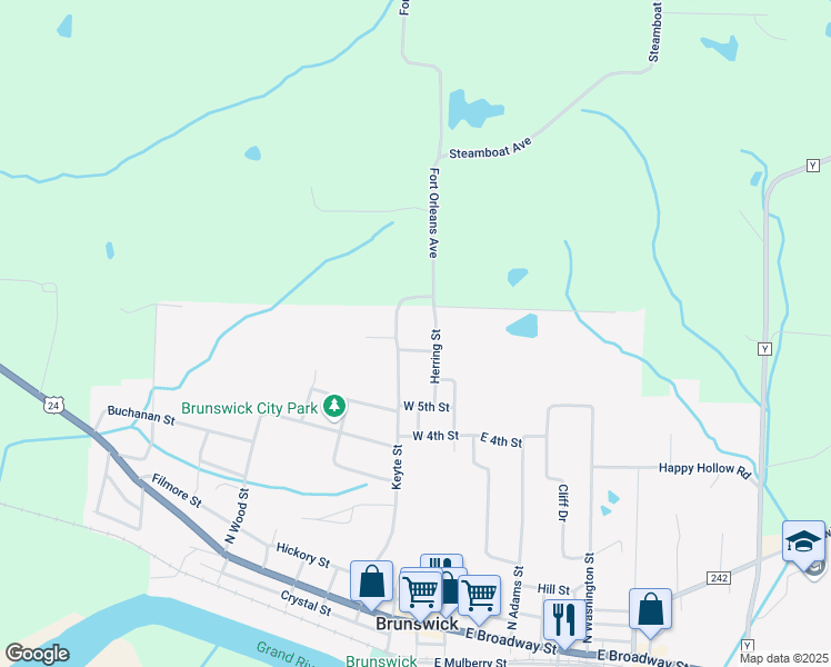 map of restaurants, bars, coffee shops, grocery stores, and more near Clay Street in Brunswick