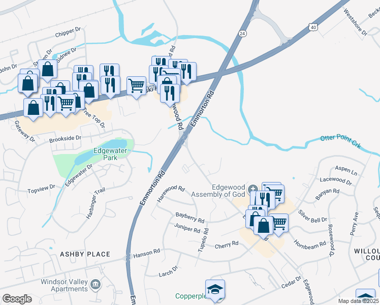 map of restaurants, bars, coffee shops, grocery stores, and more near 913 State Highway 755 in Edgewood