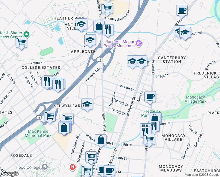 map of restaurants, bars, coffee shops, grocery stores, and more near 109 Frederick Avenue in Frederick