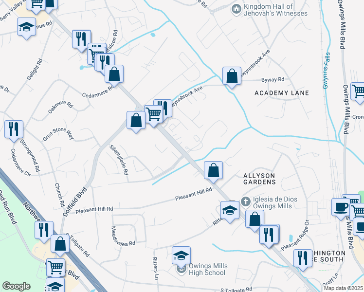 map of restaurants, bars, coffee shops, grocery stores, and more near 11100 Natures Court in Owings Mills