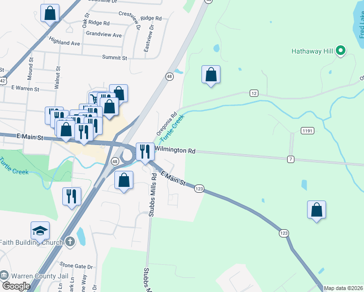 map of restaurants, bars, coffee shops, grocery stores, and more near 1176 Wilmington Road in Lebanon