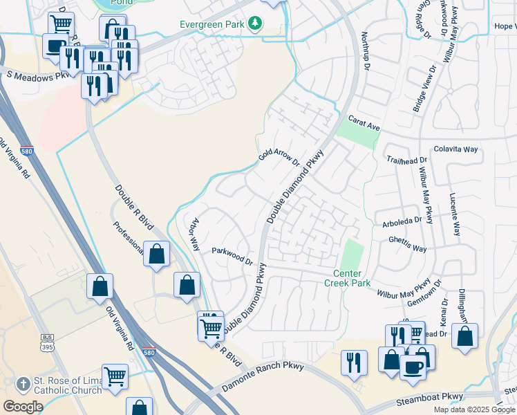 map of restaurants, bars, coffee shops, grocery stores, and more near 10645 Blue Moon Court in Reno