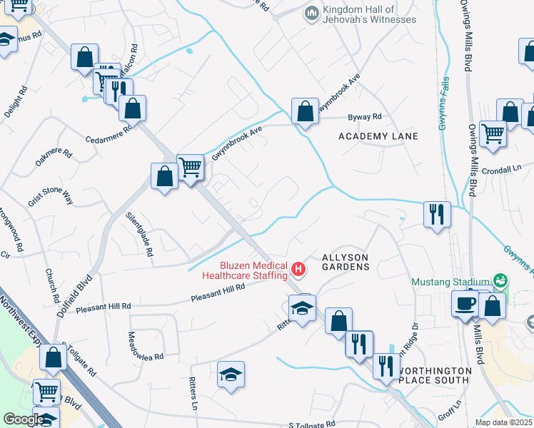 map of restaurants, bars, coffee shops, grocery stores, and more near 41 Brightsky Court in Owings Mills