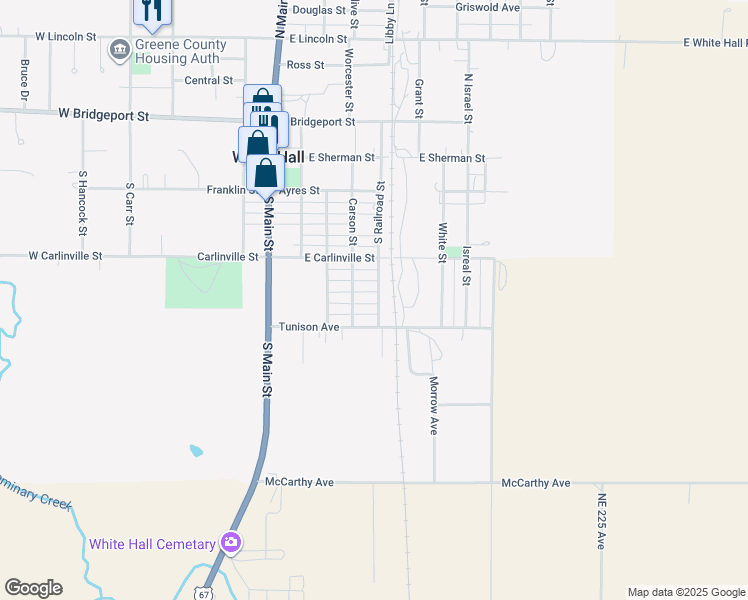 map of restaurants, bars, coffee shops, grocery stores, and more near 349 South Railroad Street in White Hall