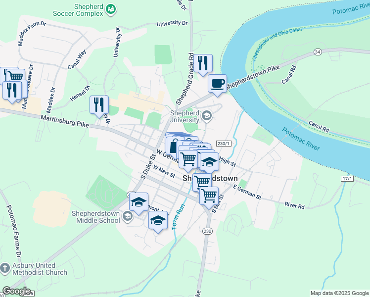 map of restaurants, bars, coffee shops, grocery stores, and more near 104 East High Street in Shepherdstown