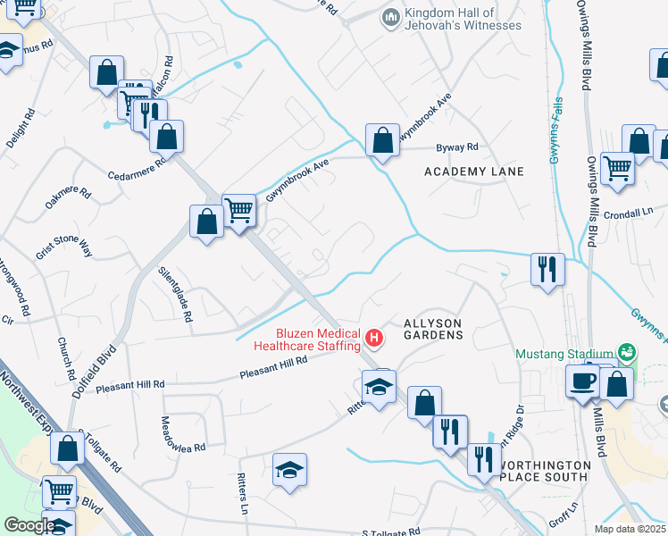 map of restaurants, bars, coffee shops, grocery stores, and more near 41 Brightsky Court in Owings Mills