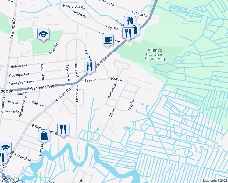 map of restaurants, bars, coffee shops, grocery stores, and more near 648 Weilers Lane in Absecon