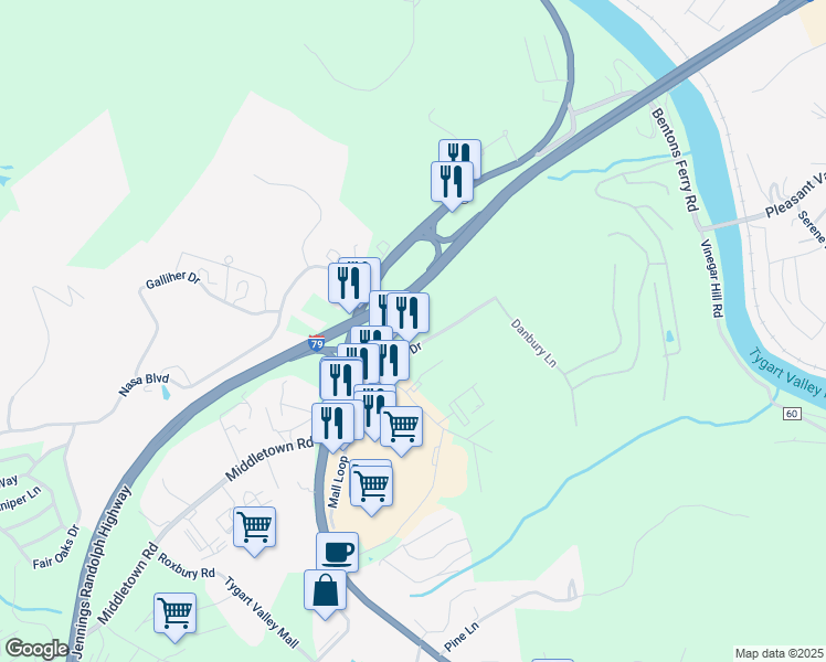map of restaurants, bars, coffee shops, grocery stores, and more near 27 Southland Dr in Fairmont