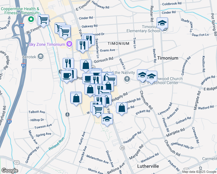 map of restaurants, bars, coffee shops, grocery stores, and more near 1819 York Road in Timonium