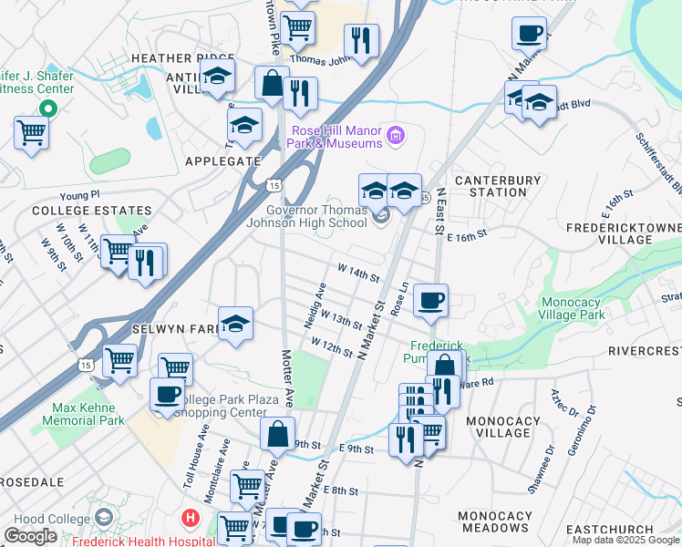 map of restaurants, bars, coffee shops, grocery stores, and more near 16 West 14th Street in Frederick