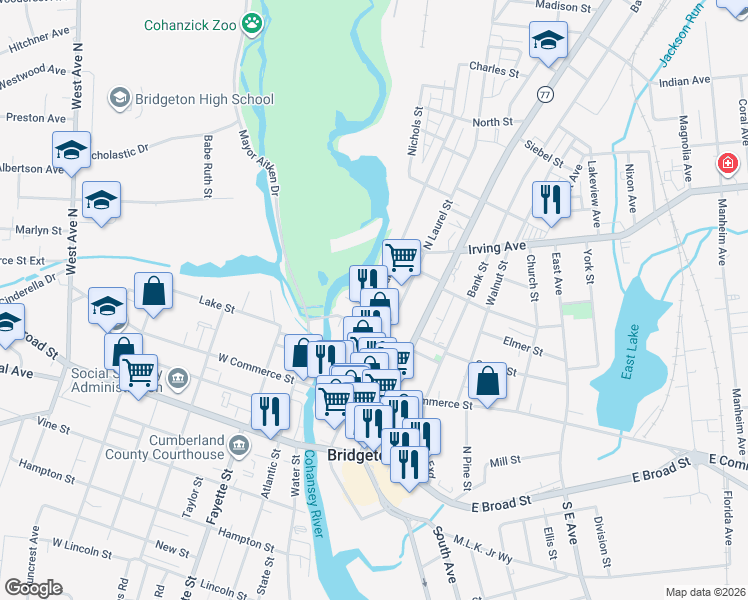 map of restaurants, bars, coffee shops, grocery stores, and more near 116 Cohansey Street in Bridgeton