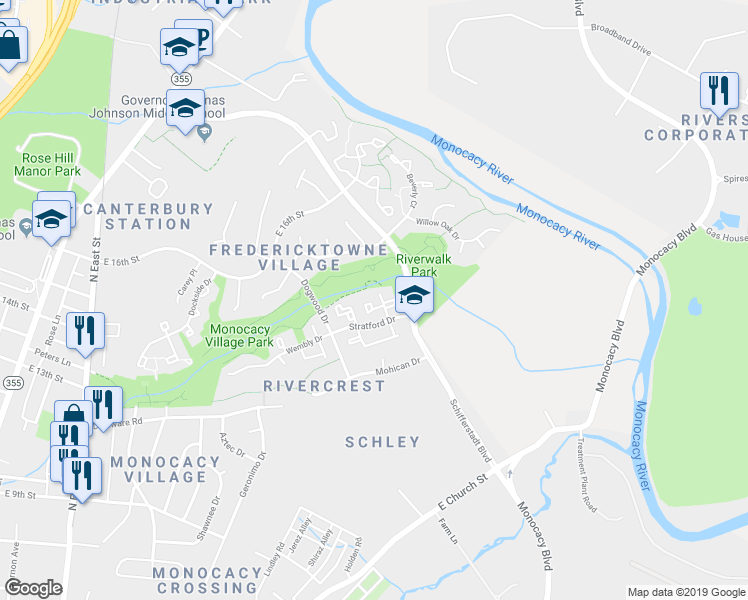 map of restaurants, bars, coffee shops, grocery stores, and more near 817 Stratford Drive in Frederick