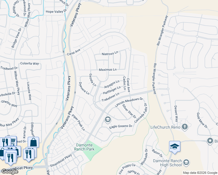 map of restaurants, bars, coffee shops, grocery stores, and more near 2220 Arpagos Lane in Reno