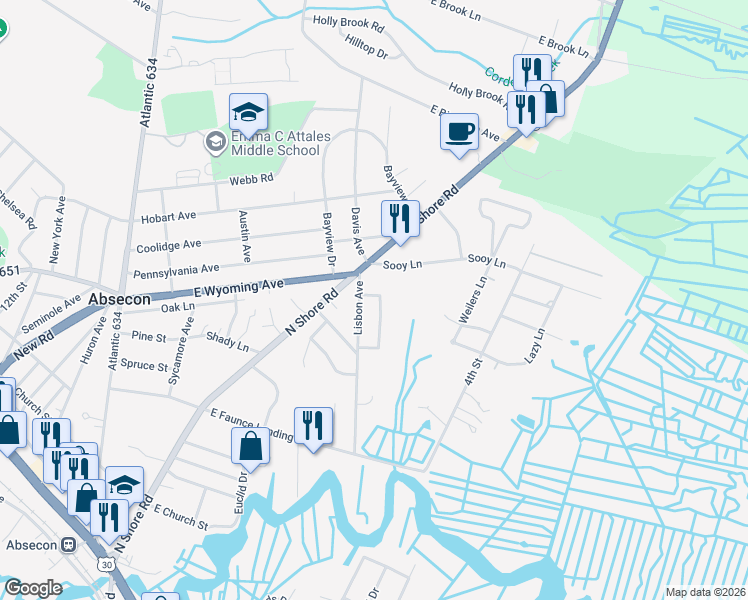 map of restaurants, bars, coffee shops, grocery stores, and more near 8 Cortez Avenue in Absecon