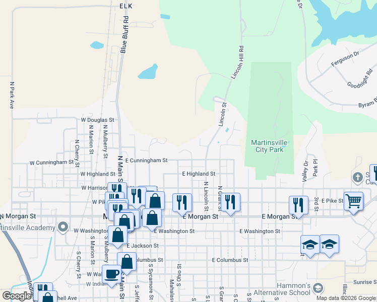 map of restaurants, bars, coffee shops, grocery stores, and more near 510 East Cunningham Street in Martinsville