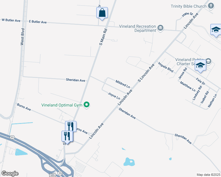 map of restaurants, bars, coffee shops, grocery stores, and more near 656 Joyce Lane in Vineland
