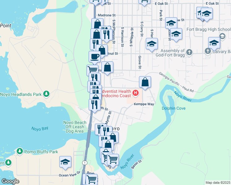 map of restaurants, bars, coffee shops, grocery stores, and more near 330 Cypress Street in Fort Bragg
