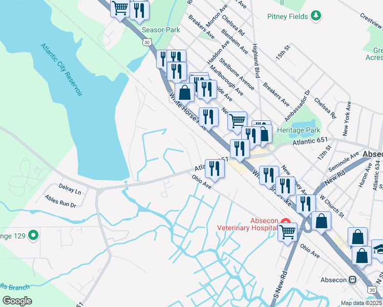 map of restaurants, bars, coffee shops, grocery stores, and more near 105 Minnetonka Avenue in Absecon